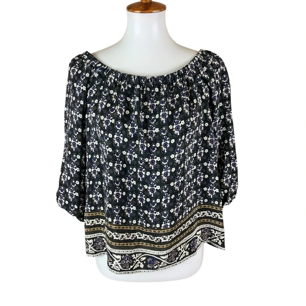 Madewell 100% Silk‎ Boho Peasant Blouse Black Floral Print Long Sleeve Top Small